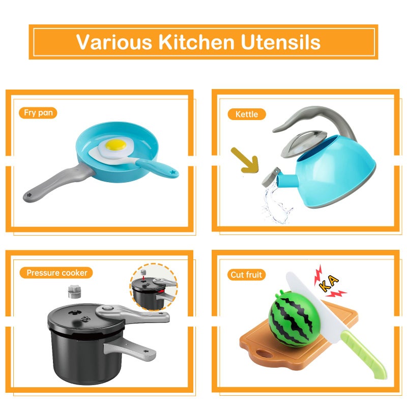 Funpynani 130Pcs Kitchen Playset, Toddler Pretend Cooking Play Pots, Pans, Utensils Cookware, Daily Food Fruit Veges, Shopping Storage Basket, Dessert, Prop Money, Learning Gift for Child (Turquoise) - Image 4