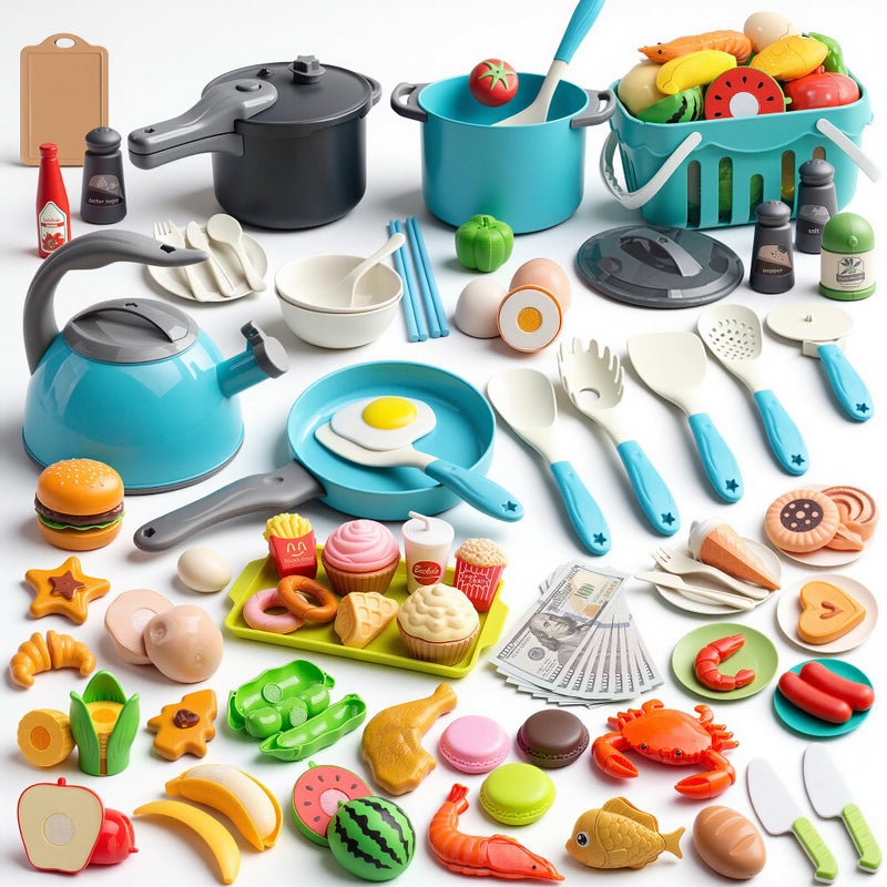 Funpynani 130Pcs Kitchen Playset, Toddler Pretend Cooking Play Pots, Pans, Utensils Cookware, Daily Food Fruit Veges, Shopping Storage Basket, Dessert, Prop Money, Learning Gift for Child (Turquoise) - Image 1