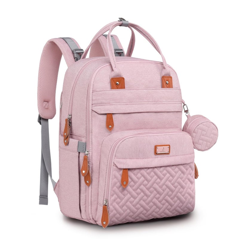 BabbleRoo Diaper Bag Backpack Baby Essentials Travel Tote Multi function Waterproof Bag with Changing Pad Stroller Straps Pacifier Case Unisex Pink