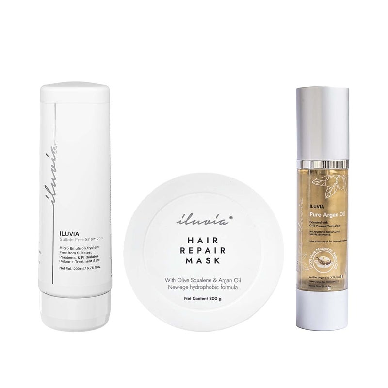 iluvia Professional Frizz Control System Sulfate Free Shampoo 200ml Hair Repair Mask 200g 100 Pure Argan Oil 50ml - Image 1