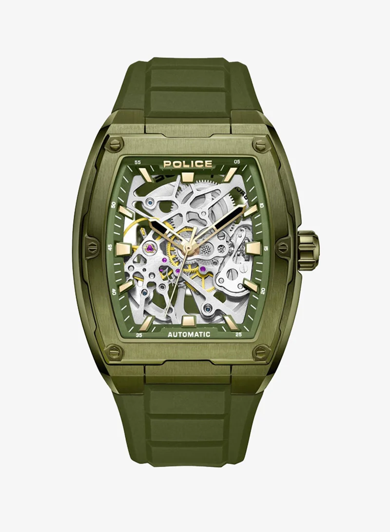 Police Skeletor 42mm Men's Automatic Watch with Olive Green Silicone Strap