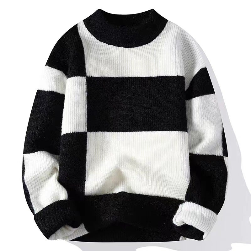 2023 new contrast color sweater mens autumn and winter half turtleneck knitted bottoming shirt mens thickened warm wool clothes White T  - Image 2