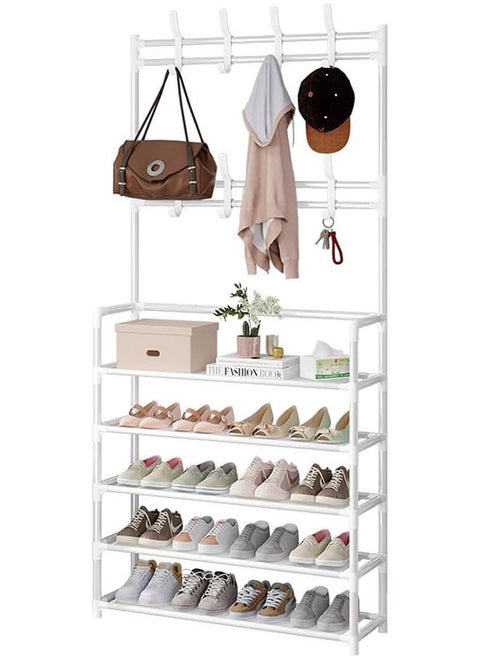 5-Tier Metal Coat and Shoes Rack, Entryway Shoes Organizer with Hanging Hooks, Multi functional Hallway Organizer,  White