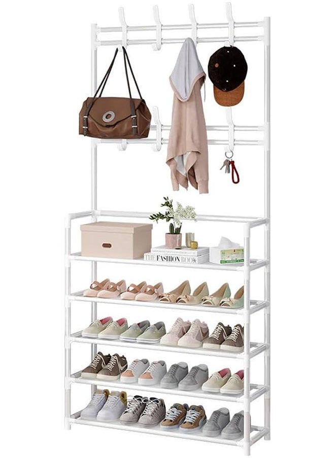 Generic - 5-Tier Metal Coat and Shoes Rack, Entryway Shoes Organizer with Hanging Hooks, Multi functional Hallway Organizer,  White - Image 1