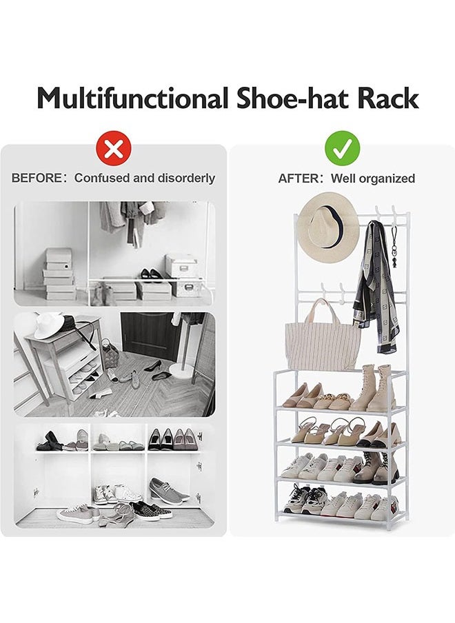 Generic - 5-Tier Metal Coat and Shoes Rack, Entryway Shoes Organizer with Hanging Hooks, Multi functional Hallway Organizer,  White - Image 1