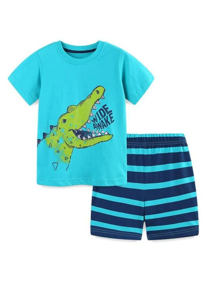 يونيكي Blue Crew Neck Short Sleeve Printed Tshirt & Shorts