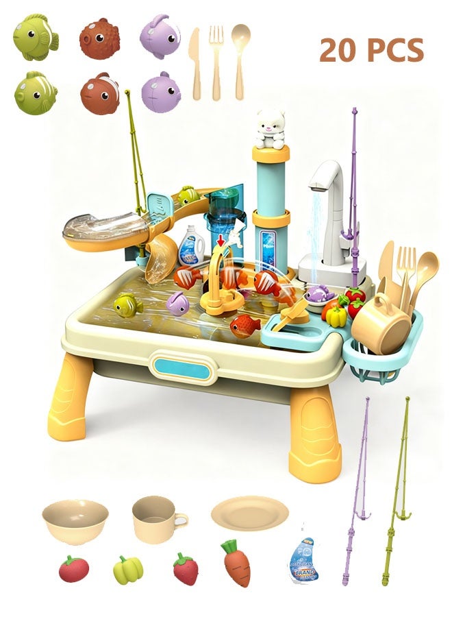مجموعة ألعاب المطبخ,ألعاب حوض الماء,لعبة التعليم المبكر,لعبة تعليمية مبكرة مع مياه جارية وصنبور كهربائي مطور، ألعاب صيد عائمة في حمام السباحة للعب في الماء للأطفال الأولاد والبنات والأطفال الصغار - Image 1