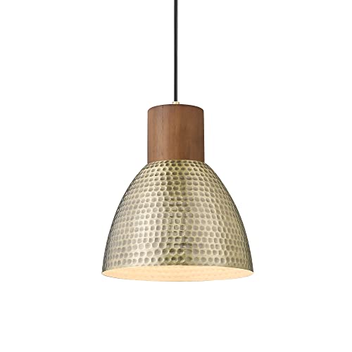 ELYONA Vintage Hammered Pendant Light Fixture, 7” Small Brushed Brass Metal Hanging Light Solid Wood Antique Gold Pendant Lamp for Kitchen Island, Farmhouse, Dining Room, Adjustable Height - Image 1