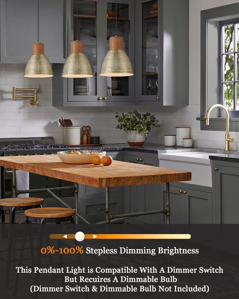 ELYONA Vintage Hammered Pendant Light Fixture, 7” Small Brushed Brass Metal Hanging Light Solid Wood Antique Gold Pendant Lamp for Kitchen Island, Farmhouse, Dining Room, Adjustable Height - Image 2