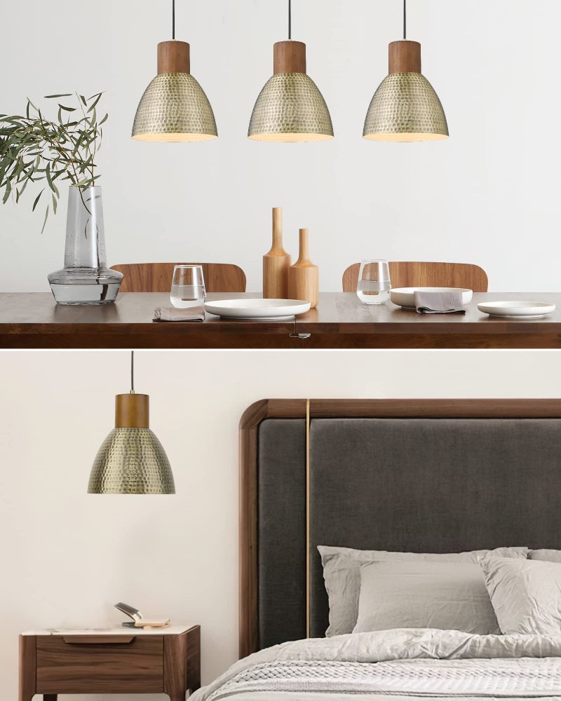 ELYONA Vintage Hammered Pendant Light Fixture, 7” Small Brushed Brass Metal Hanging Light Solid Wood Antique Gold Pendant Lamp for Kitchen Island, Farmhouse, Dining Room, Adjustable Height - Image 5