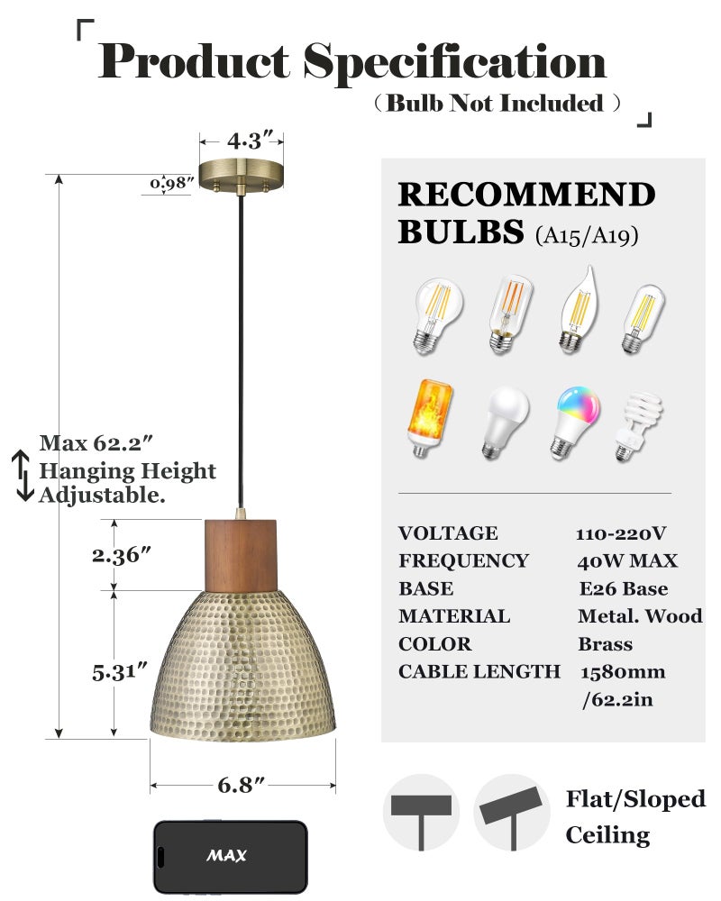 ELYONA Vintage Hammered Pendant Light Fixture, 7” Small Brushed Brass Metal Hanging Light Solid Wood Antique Gold Pendant Lamp for Kitchen Island, Farmhouse, Dining Room, Adjustable Height - Image 3