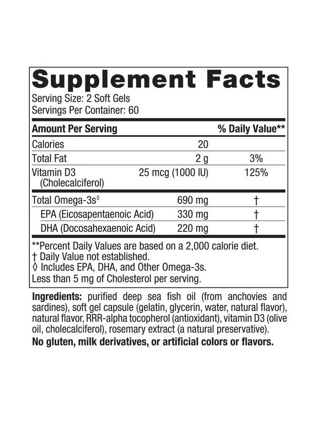 NORDIC NATURALS - Nordic Naturals Omega-3D, Lemon Flavor - 120 Soft Gels - 690 mg Omega-3 + 1000 IU Vitamin D3 - Fish Oil - EPA & DHA - Immune Support, Brain & Heart Health, Healthy Bones - Non-GMO - 60 Servings - Image 1