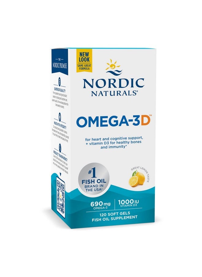 NORDIC NATURALS - Nordic Naturals Omega-3D, Lemon Flavor - 120 Soft Gels - 690 mg Omega-3 + 1000 IU Vitamin D3 - Fish Oil - EPA & DHA - Immune Support, Brain & Heart Health, Healthy Bones - Non-GMO - 60 Servings - Image 1