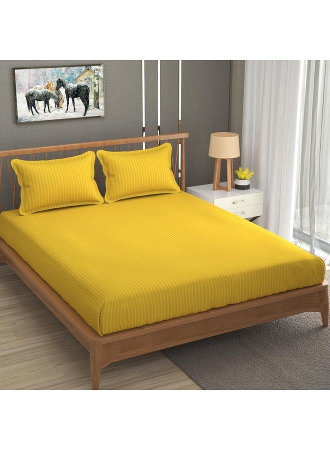 Homefab India 160 TC Stripe Glace Cotton Double BedSheet with 2 Pillow Covers - (90x90 inches) - Yellow - Image 2