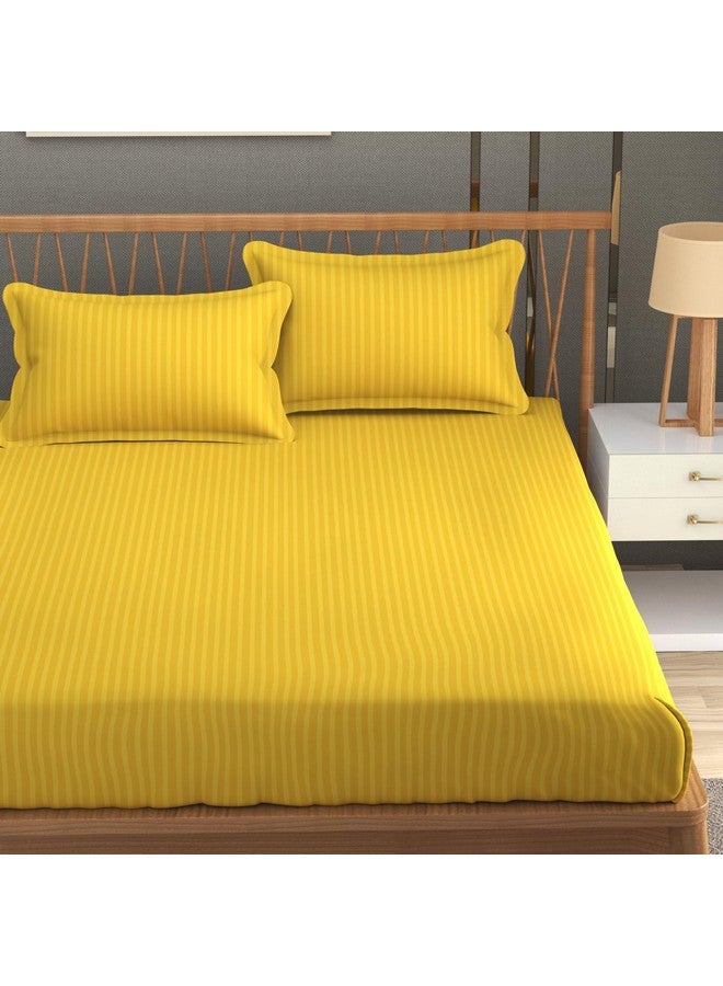 Homefab India 160 TC Stripe Glace Cotton Double BedSheet with 2 Pillow Covers - (90x90 inches) - Yellow - Image 1