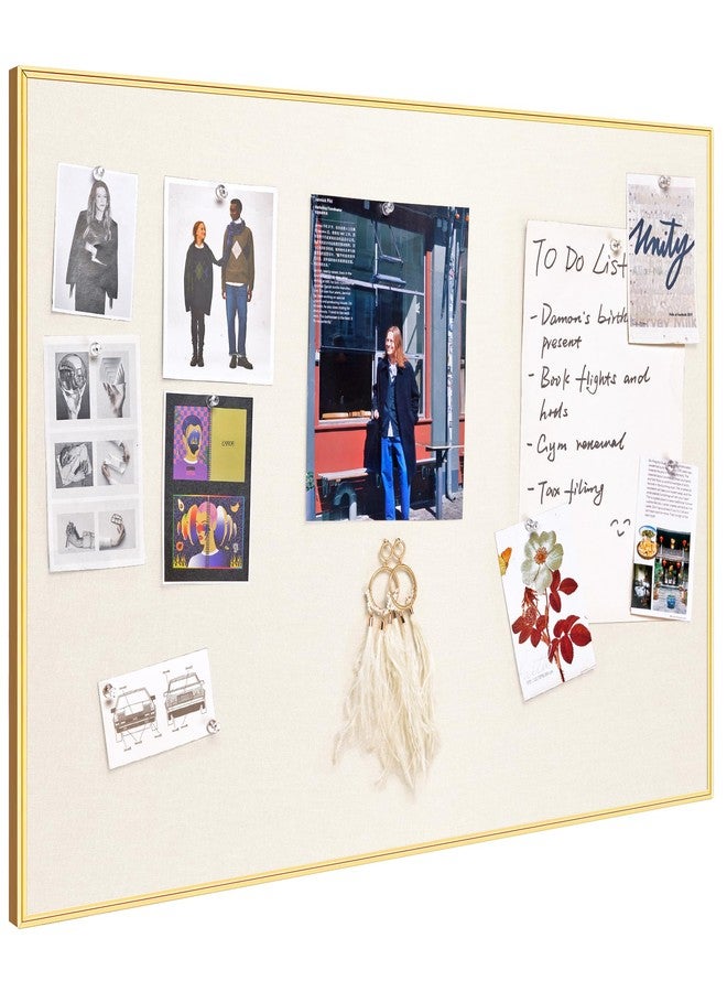 lightomorrow Bulletin Board 30 x 20 inches, Oatmeal White Pin Board, Golden Aluminum Framed Fabric Cork Board with 10 Push Pins - Image 1