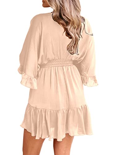 Aoysky Womens V Neck Casual Dresses Summer Loose High Waist Ruffle Pleated Cute Mini Short Dress Beige - Image 3