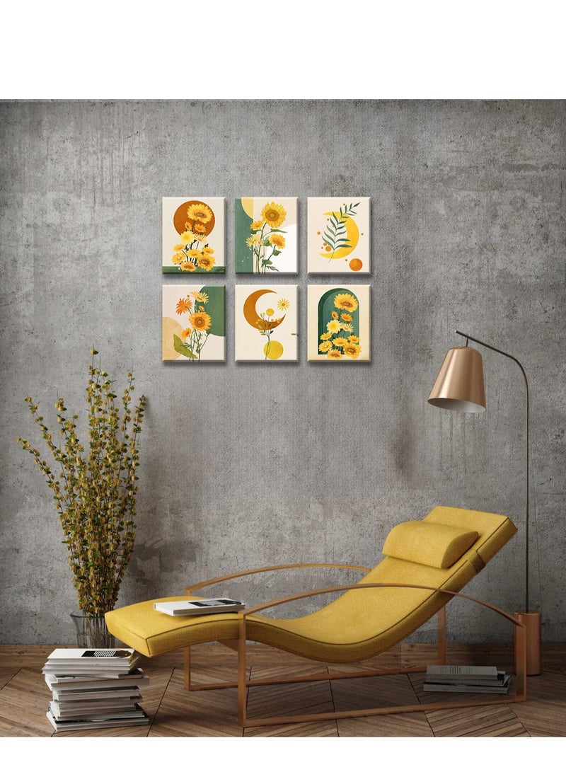 SYOSI Boho Sunflower Wall Art,A set of 6 panels featuring yellow moon and sun designs, for adding a bohemian and minimalist touch to your home decor.  for bedroom, bathroom, or living room.  (8x10inch) - Image 5