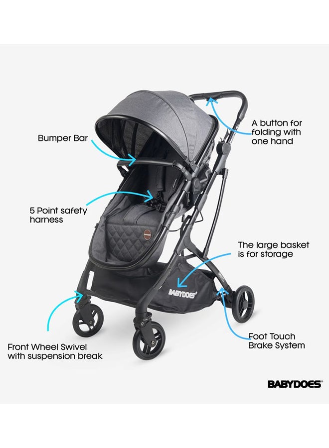 BABYDOES PRONTO R+ 2 In 1 Reversible Cot Stroller With 5-Point Harness Reversible Seat One-Hand Fold  Sleeping Basket Into Bassinet Cot 0 To 4 Year MidGrey - Image 2