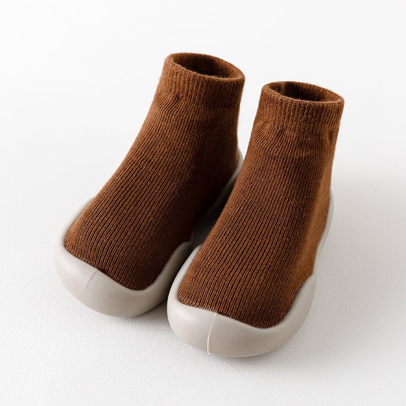 Kids Cartoon Sock Shoes Spring Autumn Anti-Slip Mid-Tube Brown solid color 
