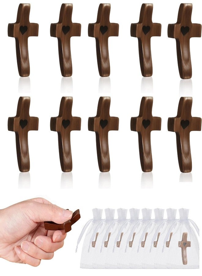 Brevynx Handmade 10Pcs Wooden Cross Fidget Bulk with Organza Bags - Stress Relief Pocket Cross My Heart for Christian, Pocket Prayer Cross, Religious Easter Day Gifts - Image 1