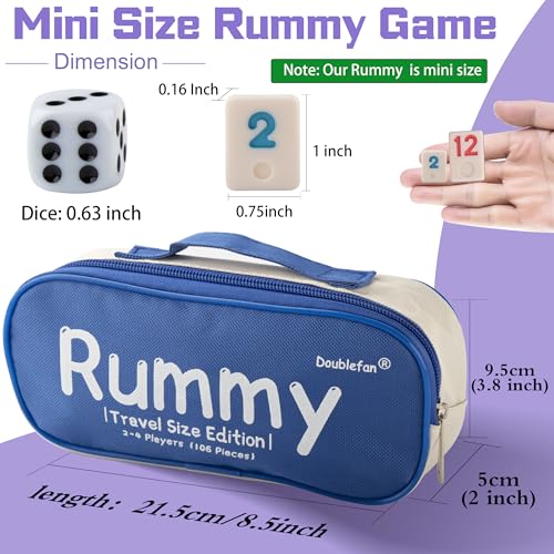 Doublefan Mini Rummy Cube Set Mini Size Rummy Game with Portable Bag Small Travel Game for Adult and Kids106 Tiles 4 Playing Rack 1 Dice 24 Players - Image 5
