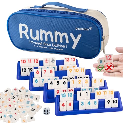 Doublefan Mini Rummy Cube Set Mini Size Rummy Game with Portable Bag Small Travel Game for Adult and Kids106 Tiles 4 Playing Rack 1 Dice 24 Players - Image 1