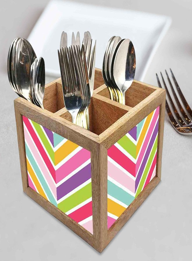 Nutcase Wooden Cutlery Stand Holder Silverware Caddy Spoons Forks Knives Organizer for Dining Table & Kitchen -Made in India-Spoons NOT Included - Pastels Chevron - Image 2