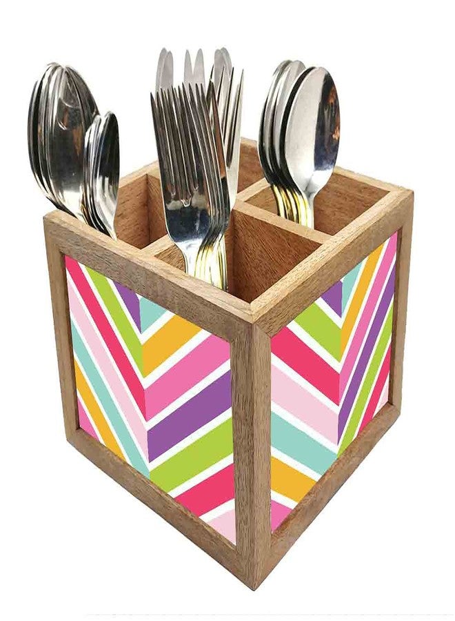 Nutcase Wooden Cutlery Stand Holder Silverware Caddy Spoons Forks Knives Organizer for Dining Table & Kitchen -Made in India-Spoons NOT Included - Pastels Chevron - Image 1