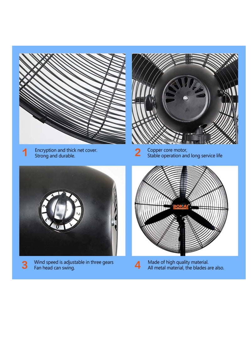بوناي مروحة تبريد صناعية هادئة، موفرة للطاقة، بقوة 230 واط للمساحات الكبيرة (تدفق هواء 145 متر مكعب/دقيقة) مروحة حامل متذبذبة مقاس 26 بوصة - Image 4