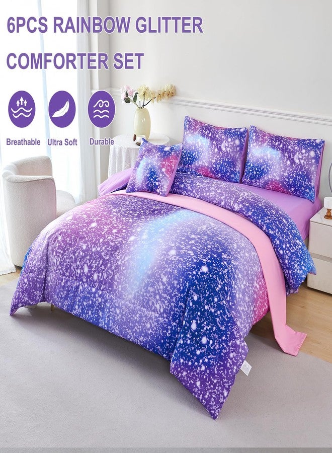 PERFEMET Girls Twin Comforter Set with Sheets 6-Piece Twin Bed in a Bag Rainbow Fluffy Bedding Set for Girls Kids 3D Colorful Tie Dye Bedroom Bed Set (Purple Pink, Twin) - Image 2