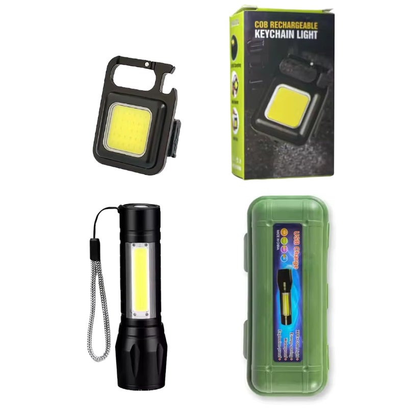 Generic 2in1 Compact and Sleek LED USB Rechargeable Torch Set and Rechargeable COB Keychain Light with Bottle Opener and Magnetic Base Portable Flashlight with Storage Case  - Image 1