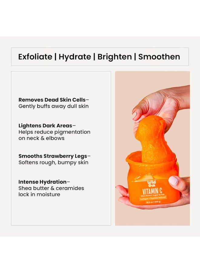 WILD OAK WildOak Vitamin C Sugar Body Scrub | 300g | Kojic Acid, Hyaluronic Acid, Ceramides, Collagen & Peptides | De-Tan & Brightens Dark Areas | Smooths Strawberry Legs & Arms | Hydrates & Exfoliates - Image 2