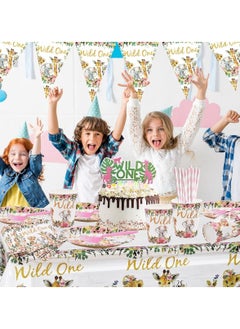 Y&D Jungle Animal Party Supplies 63 PCS Wild One Reusable Tableware Plates Paper Cups Napkins Tablecloth Straws Pennants Forks Set for Girls Kids Birthday Baby Shower Dinner Dessert  - Image 2