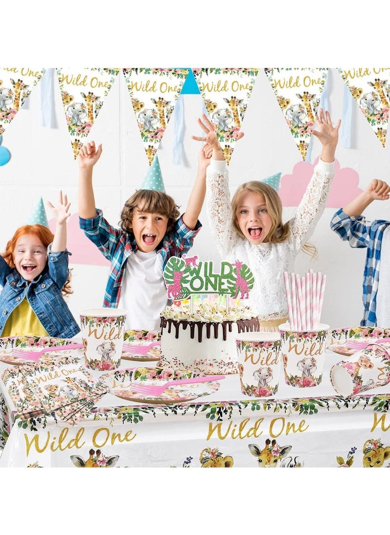 Y&D - Jungle Animal Party Supplies 63 PCS Wild One Reusable Tableware Plates Paper Cups Napkins Tablecloth Straws Pennants Forks Set for Girls Kids Birthday Baby Shower Dinner Dessert - Image 1