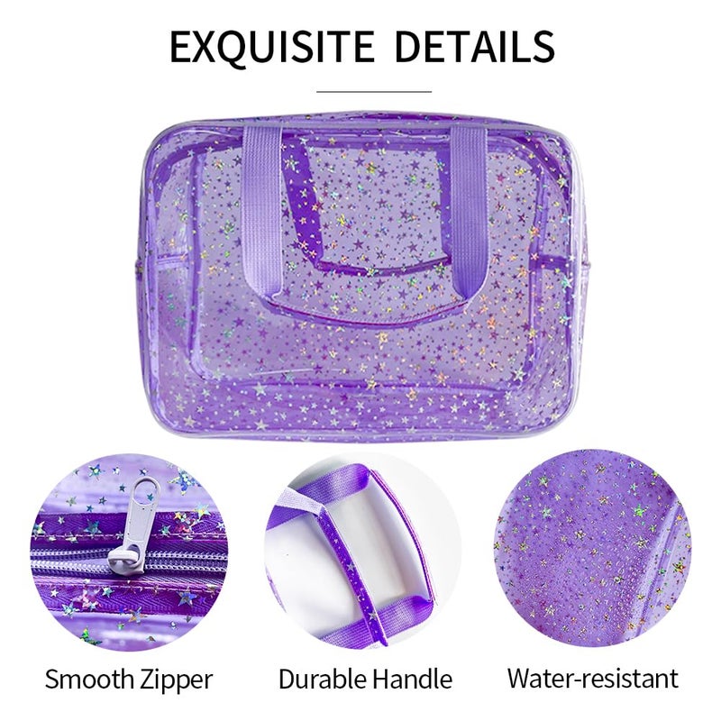 TotePrint 12”X5“X8” Portable 8L Purple Clear Makeup Bag Twinkle Star Toiletry Bag Waterproof Cosmetic Bag With Zipper & Handle for Concert Sports Events Travel Commuting Beach Essential - Image 3