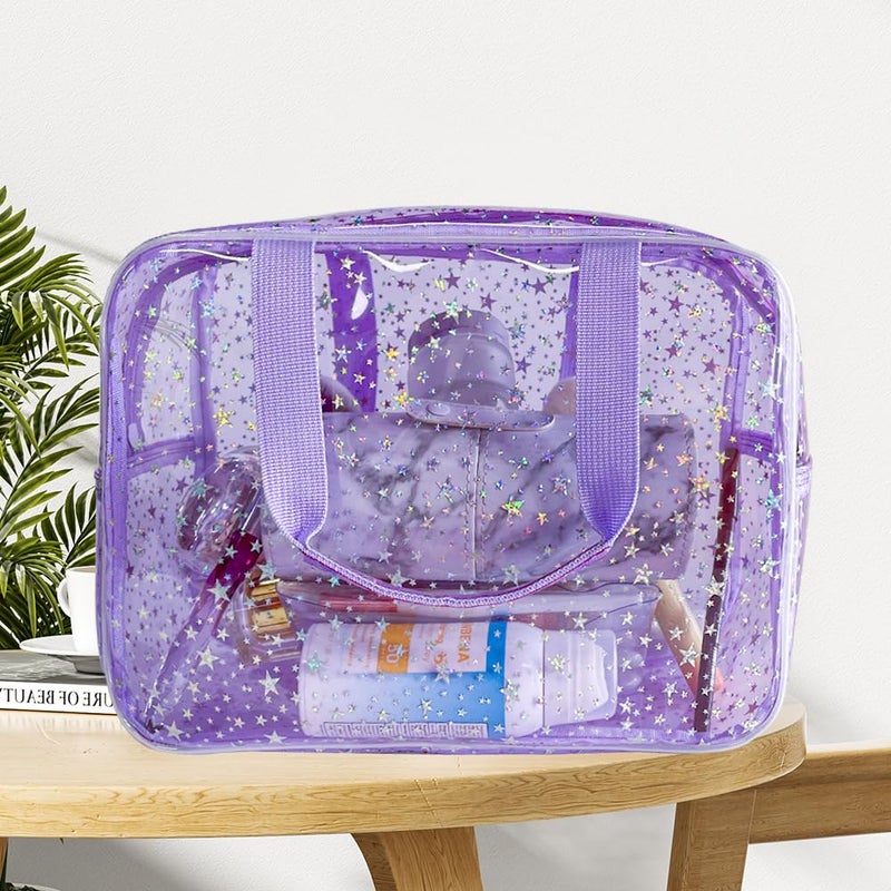 TotePrint 12”X5“X8” Portable 8L Purple Clear Makeup Bag Twinkle Star Toiletry Bag Waterproof Cosmetic Bag With Zipper & Handle for Concert Sports Events Travel Commuting Beach Essential - Image 4