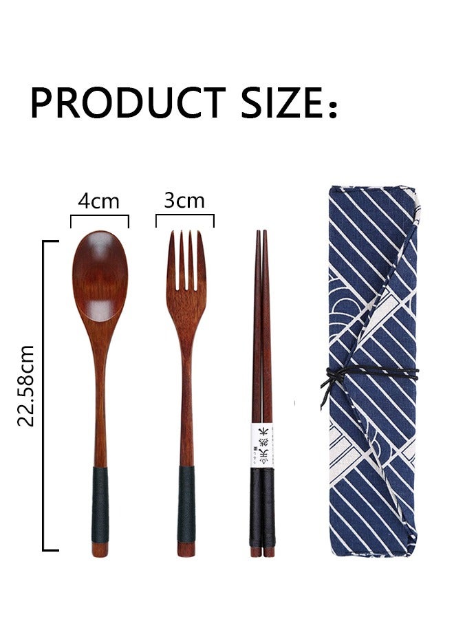 Chopsticks Fork Spoon Three Piece Wooden Travel Cutlery Set with Pouch, Reusable Environmental Protection Pure Wood Portable Utensils, Japanese Style Pattern Office Camping Cutlery (Blue) - Image 2