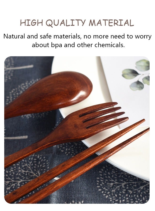Chopsticks Fork Spoon Three Piece Wooden Travel Cutlery Set with Pouch, Reusable Environmental Protection Pure Wood Portable Utensils, Japanese Style Pattern Office Camping Cutlery (Blue) - Image 3