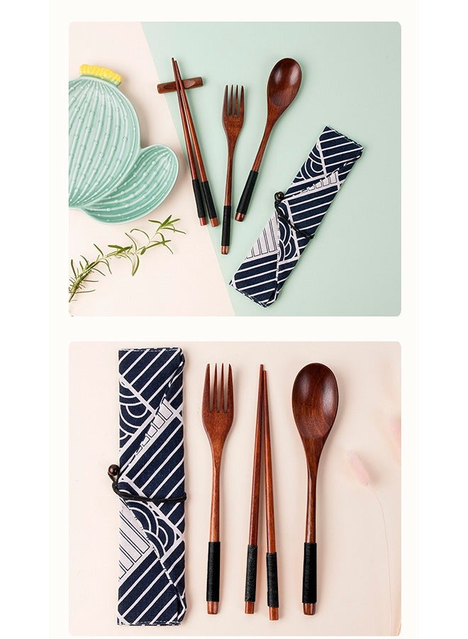 Chopsticks Fork Spoon Three Piece Wooden Travel Cutlery Set with Pouch, Reusable Environmental Protection Pure Wood Portable Utensils, Japanese Style Pattern Office Camping Cutlery (Blue) - Image 5