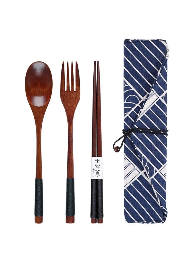 Chopsticks Fork Spoon Three Piece Wooden Travel Cutlery Set with Pouch, Reusable Environmental Protection Pure Wood Portable Utensils, Japanese Style Pattern Office Camping Cutlery (Blue) - Image 1