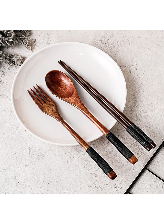 Chopsticks Fork Spoon Three Piece Wooden Travel Cutlery Set with Pouch, Reusable Environmental Protection Pure Wood Portable Utensils, Japanese Style Pattern Office Camping Cutlery (Blue) - Image 4