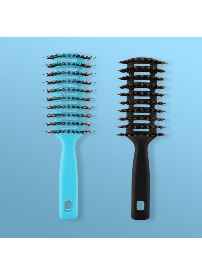 Hearts Hair Brush|Flexible Bristles Brush|Hair Brush With Paddle|Straightens & Detangles Hair Brush|Suitable For All Hair Types|Hair Brush Styling Hair|Round Vented|Set Of 2|Black & Blue - Image 1