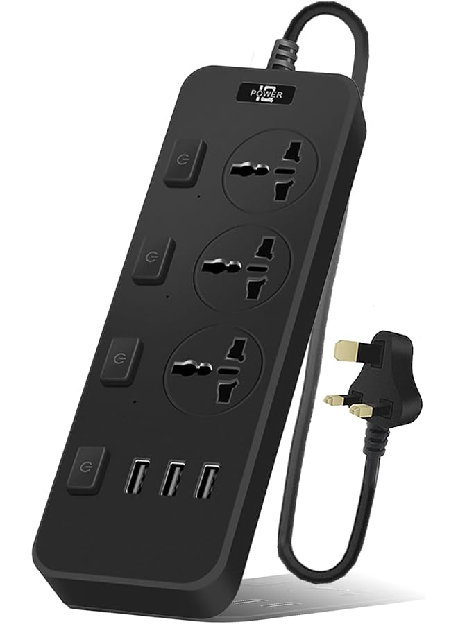 promass Power Strips Extension Cord 3 Outlets,Universal Plug Adapter with 3 USB Ports,4 individual switches Surge Protection,Charging Socket with 2M Bold Extension Cord