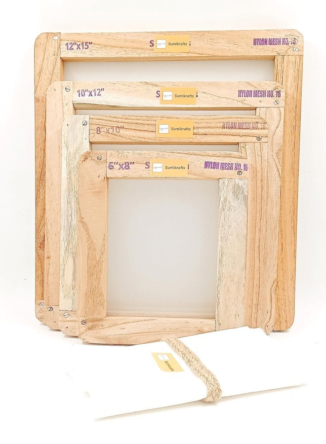Sumikrafts Screen Printing Kit – Wooden Screen Printing Frames (4 Assorted Sizes) | 6”x8”, 8”x10”, 10”x12”, 12”x15” | Pre-Stretched Nylon Mesh No.16 + 1 Meter Extra Mesh | Ready to Use for Fabric & Craft Printing - Image 1