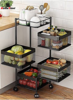 RollsTimi  Multi-Layer Kitchen Storage Shelf,Rotatable Kitchen Fruit Vegetable Storage Basket,Multi-Use Storage Rack Organizer with 4 Movable Wheels (4Layer/Square)  - Image 3