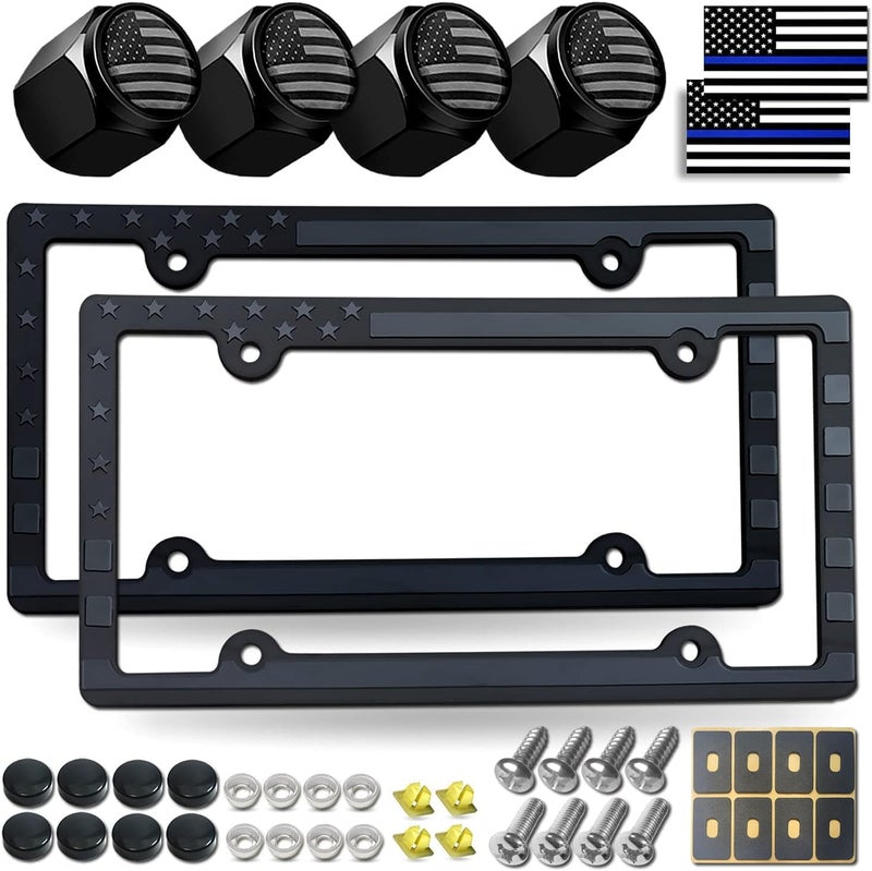 FBJTDQ Black American Flag License Plate Frames- Patriotic USA Stars and Stripes Flag Plastic Car Tag Cover Holder with Mount Screws Caps for Truck/SUV, Auto Accessories for Veterans Military - Image 1