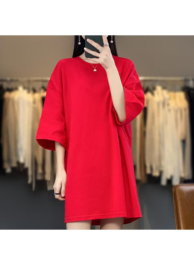 تيشيرت صيفي جديد ملون، ياقة مستديرة، طول متوسط، ستايل كوري، فضفاض، مقاس كبير، ستايل كسول، قميص أساسي بأكمام قصيرة