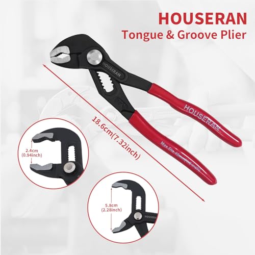 HOUSERAN Water Pump Pliers, Slip Joint Pliers, 7 Inch Groove Joint Pliers, Wrench Pliers with Comfort Red Grips, CRV Tongue and Groove Pliers for Home Repair, Gripping, Nuts, Bolts, Pipe & Fittings - Image 2