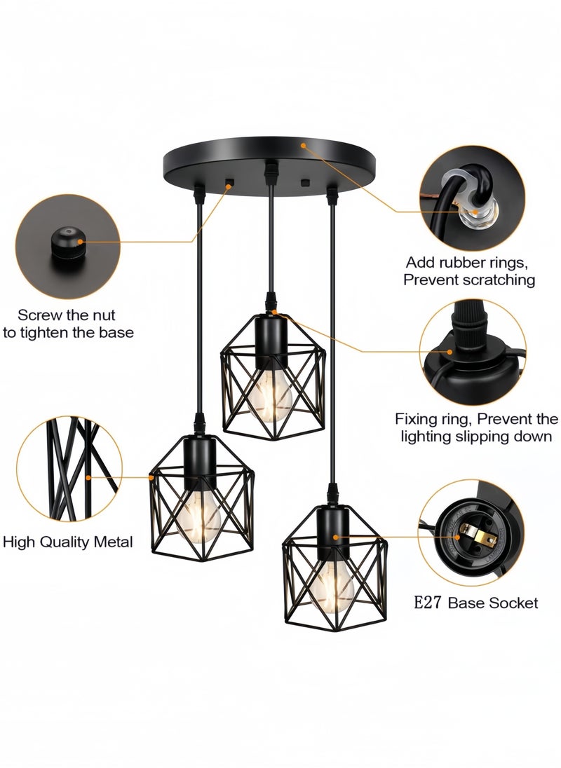 GGEROU 3-Lights Ceiling Lamp Adjustable Hanging Pendant Lights Industrial Flush Mount Ceiling Lighting Fixture E27 Base Black Geometric Ceiling Hanging Lamp for Kitchen Dinning Room Hallway  - Image 4